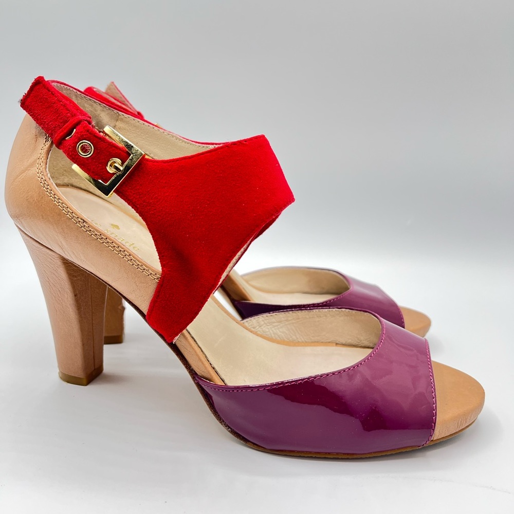 Kate spade open toe tan heels with red suede and purple patent leather size 7M